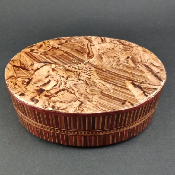 Marquetry Phoenix Dragon Oval Trinket Jewelry Box Bamboo Veneer Overlay 6.25 - Picture 8 of 9